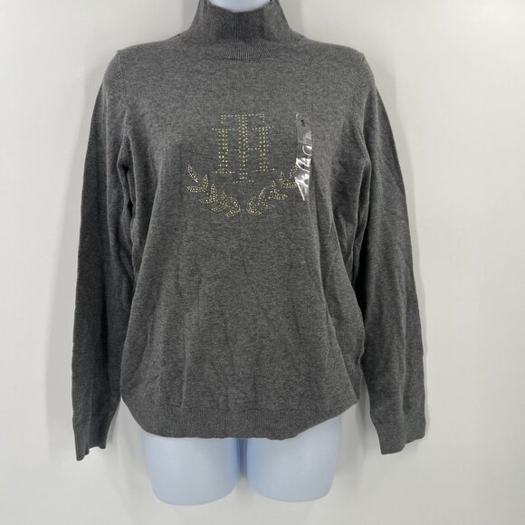 Tommy Hilfiger S Gray Mock Neck Knit Sweater Rhinestone Logo Crest Embellished - Picture 1 of 10